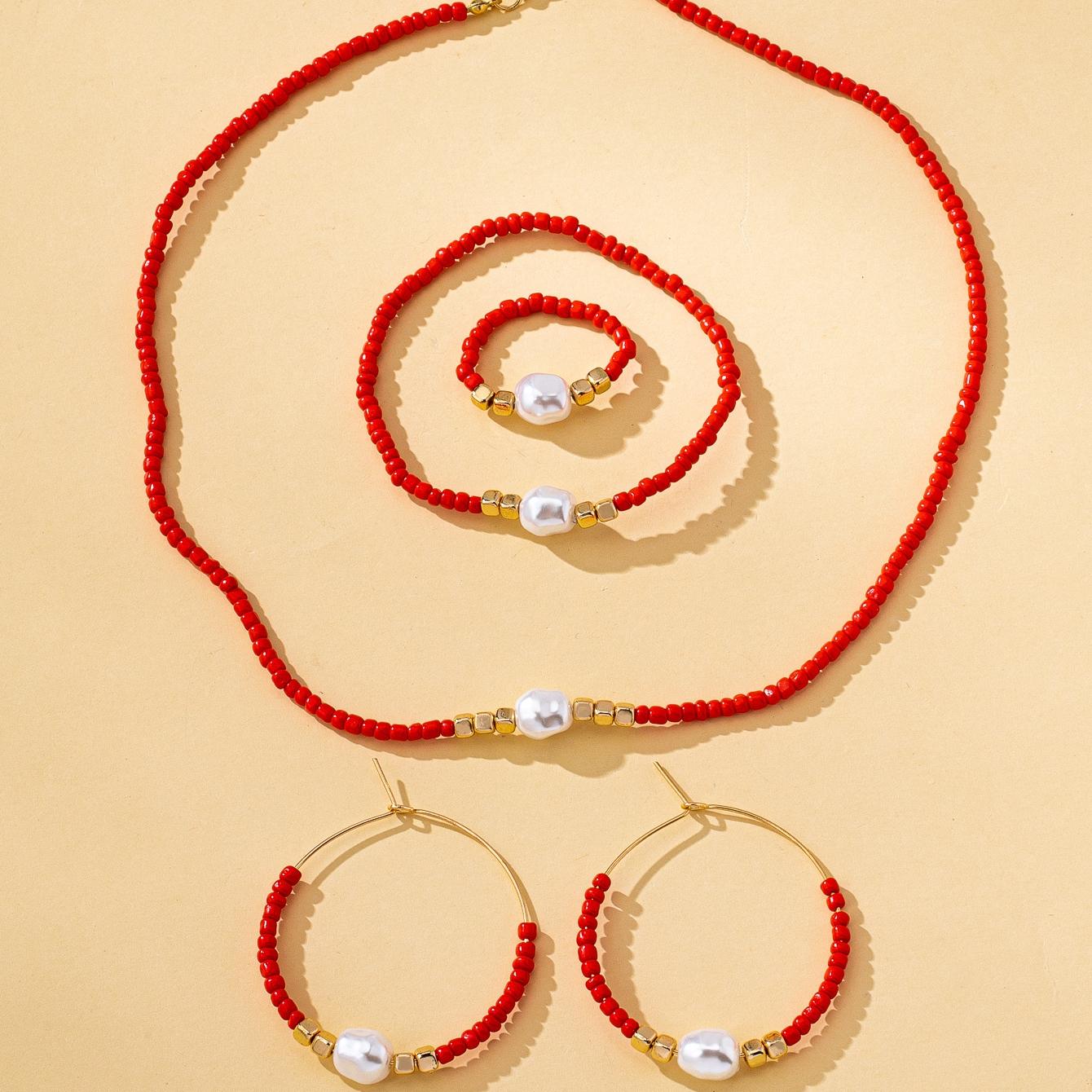 

Women s Jewelry Set, Red Seed Bead Bohemian Style Necklace, Earrings, Ring, and Bracelet, Suitable for Daily Wear and Vacation червоний