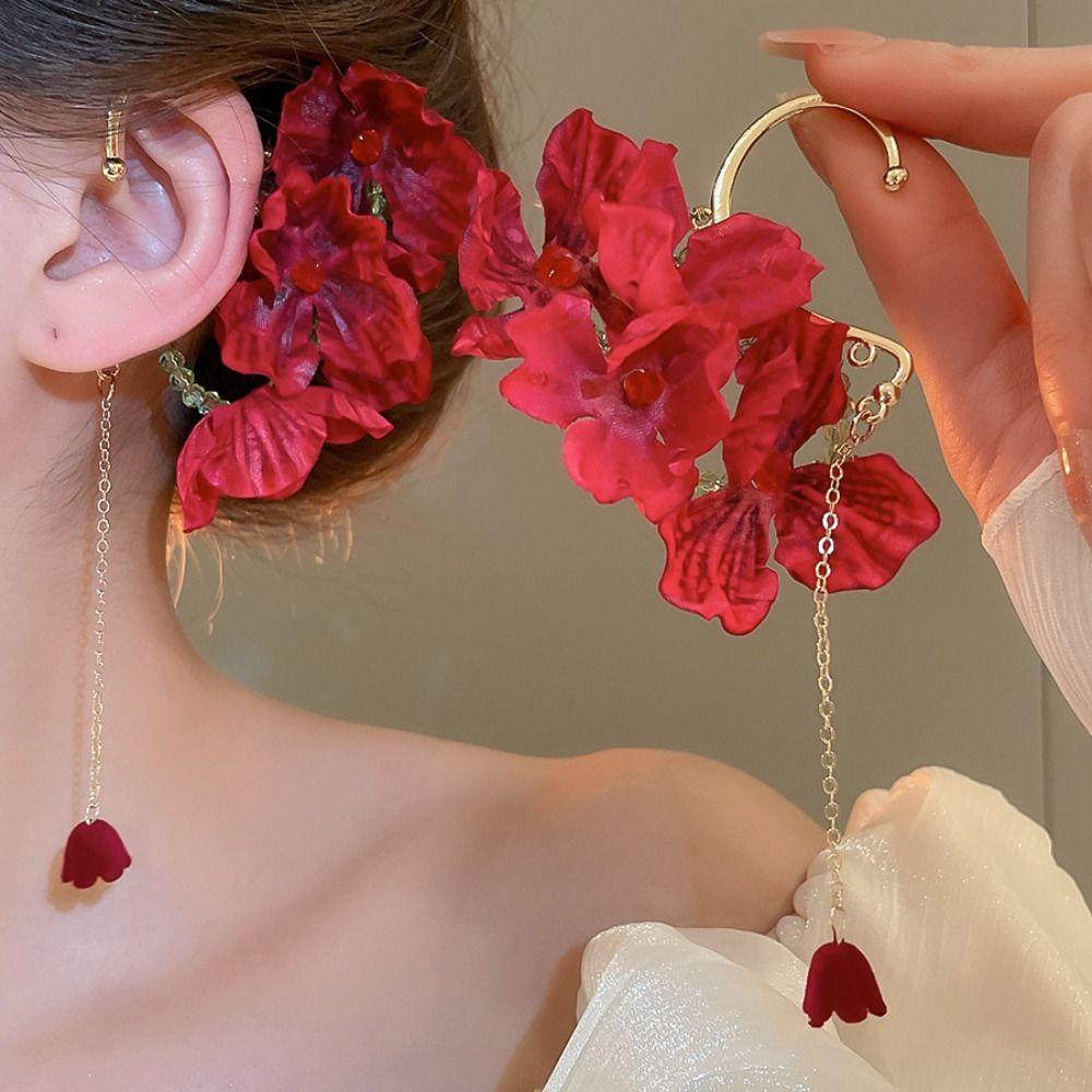 Sweet Gold Color Ear Hanging Red Flower Tassel Jewelry Accessories  for Women Girls