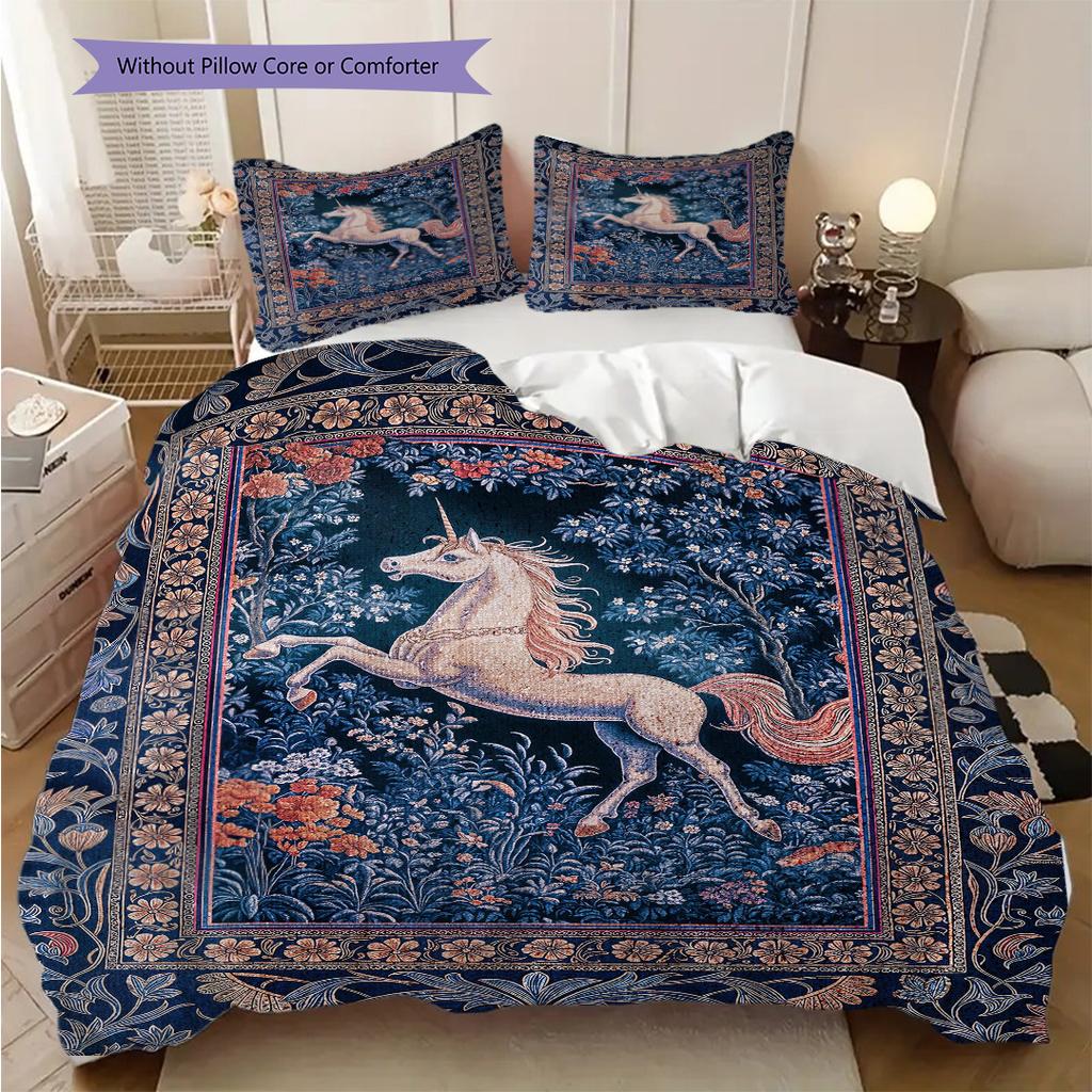 Medieval fairy tale aesthetics unicorn bedding, duvet cover, pillowcase, home decoration, birthday gift (1 * duvet cover+2 * pillowcase, coreless)