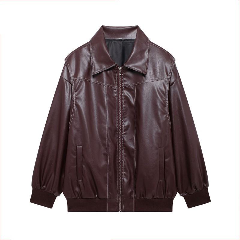Womens Vintage Stand Collar Loose Streetwear Faux Leather Jacket Winter
