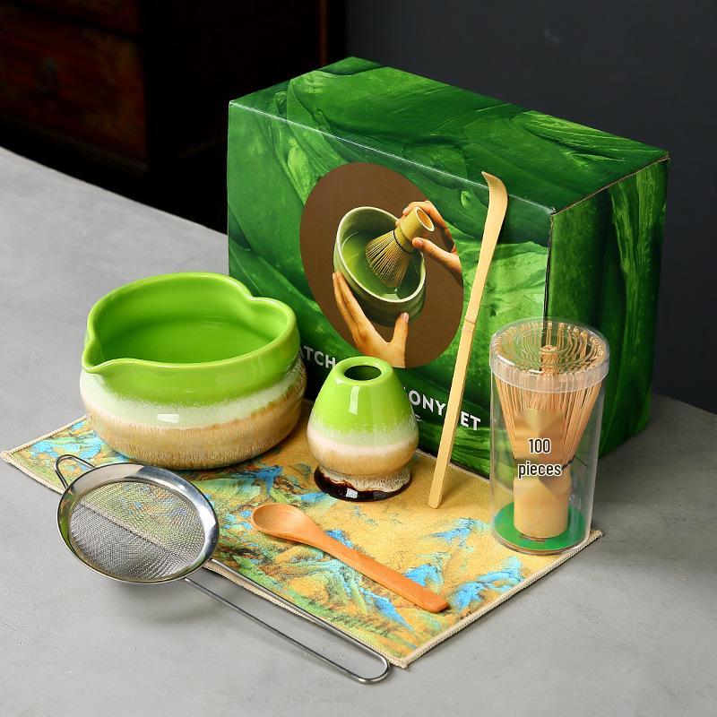 Japanese Heart-shaped Matcha Bowl Set with Whisk and Brush for Tea Ceremony