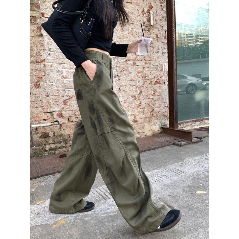 Kumikumi American Retro Tie Dye High Waist Denim Female Autumn Loose Easiest for Match Green Matchet Pants Cargo Pants