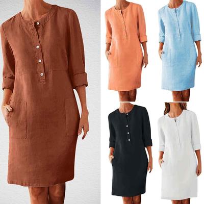 Summer Women's Casual Loose Crew Neck Short Sleeve Cotton Linen Dress With Pockets, Wrinkled Style