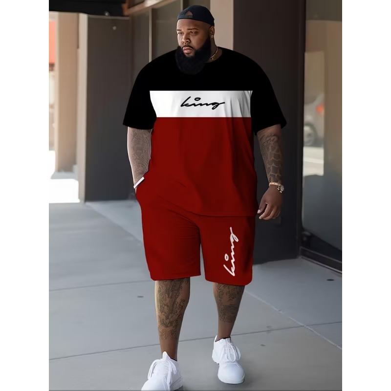 Simple Letter Print T-shirt Shorts 2-piece Set Fashion Men's Suit Big Size Loose Short Sleeve T Shirt Drawstring Shorts Set