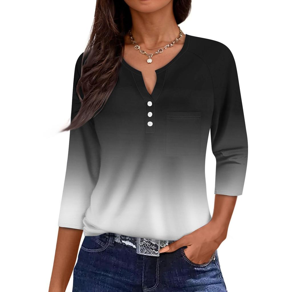 Damen Lässige Mode V-Ausschnitt Locker Vielseitig Farbverlauf Drei-Viertel-Ärmel