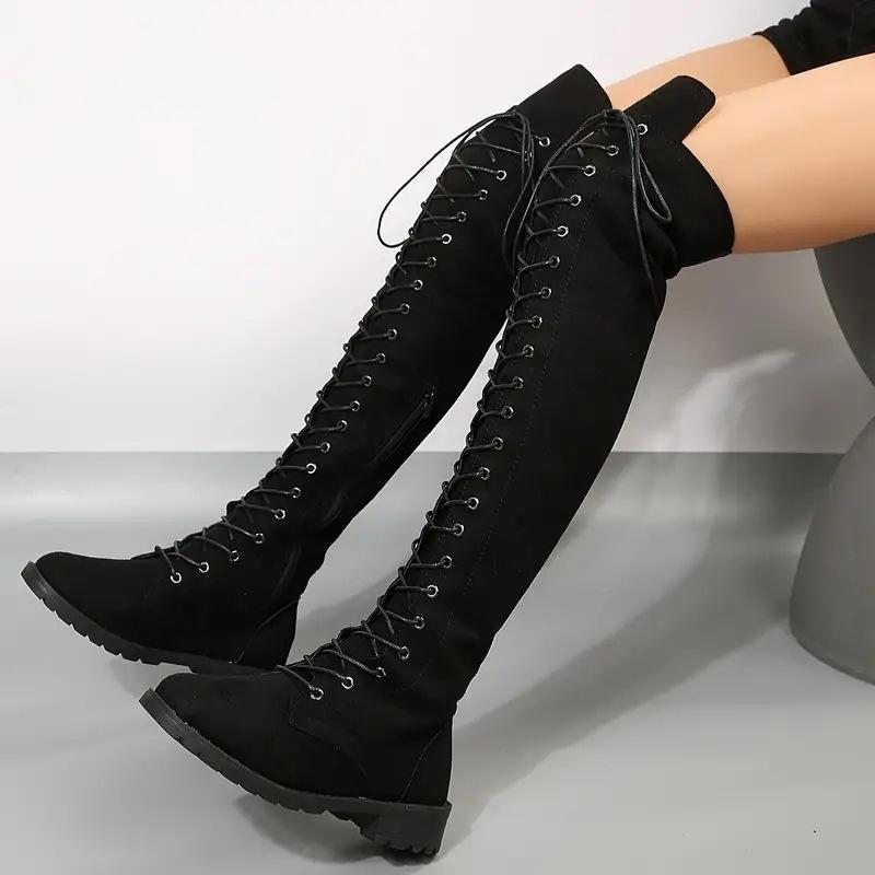 2026 New Winter Foreign Trade Large Size Long Boots European and American Round Head Strap 43 Size Women's Boots Leather Boots