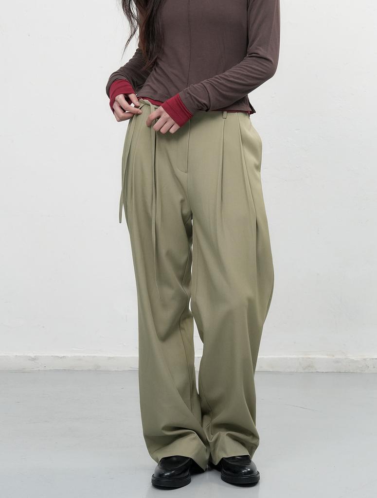 GENERALIDEA Belted Double-Pleat Wide Slacks [Olive] / Wbe3L11501