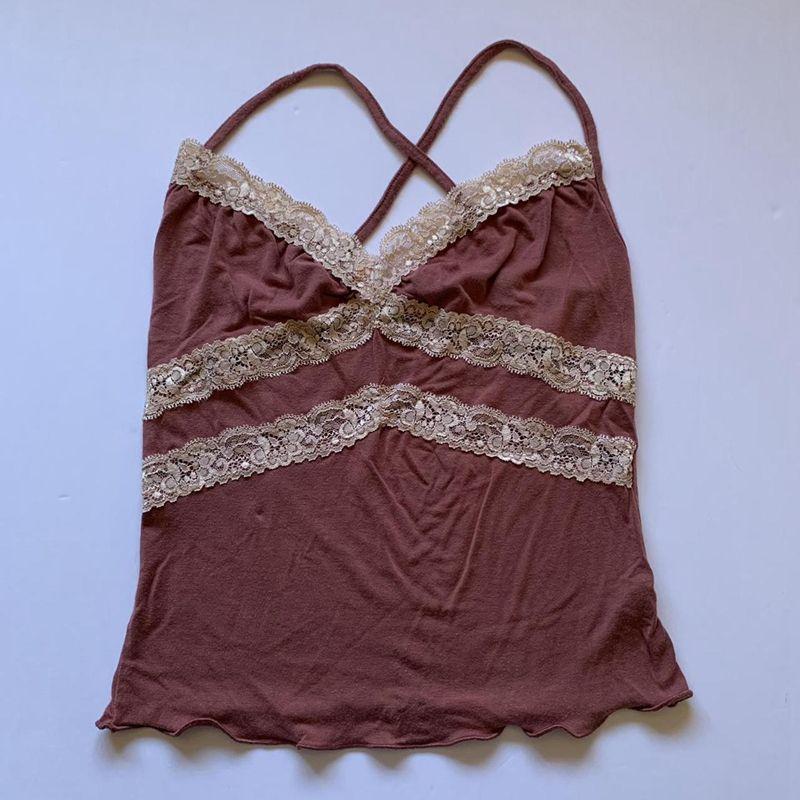 

V-Neck Red Tank Top with Lace Suspenders V Neck Vest Lace Lace Spaghetti-Strap RED S