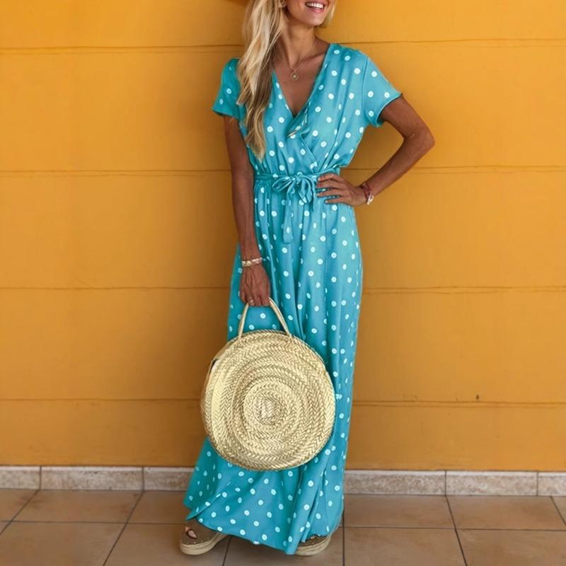 Neues sexy Maxikleid mit V-Ausschnitt und Punkten für Damen