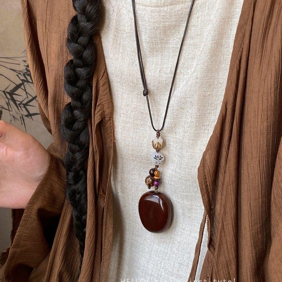 Vintage Ethnic Acorn Pendant Necklace - Retro Chinese Long Sweater Chain