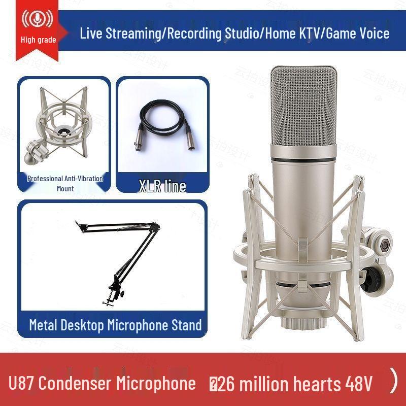 Professional U87 Large Diaphragm Condenser Microphone Set with Sound Card for Live Streaming and Singing