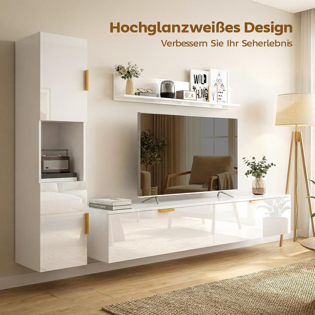 Floating TV Stand with Fold-down Doors Entertainment Center Wall Shelf Cabinet 180 cm High Gloss White