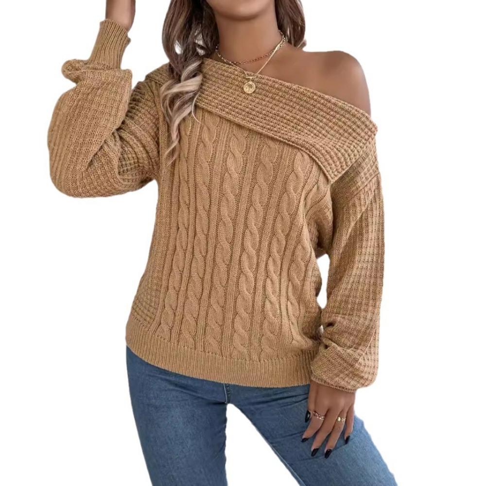 Women's Sweatshirt: Casual and Sensual Collared Off-the-Shoulder Cable-Knit Long-Sleeved Pullover Top