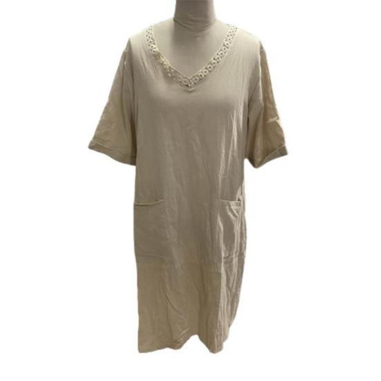 Summer Casual Dress V Neck Short Sleeves High Waist Midi Loose Knee Length Daily Wear Solid Color with Side Pockets