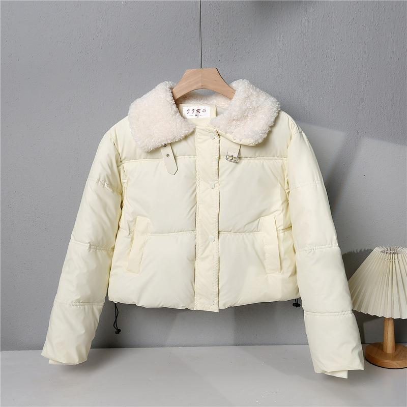 Lamb Wool Leave-in Pu Leather Down Cotton Clothes Women's Short Winter Thickened Stand-up Collar Bread Clothes Small Fur Collar Jacket