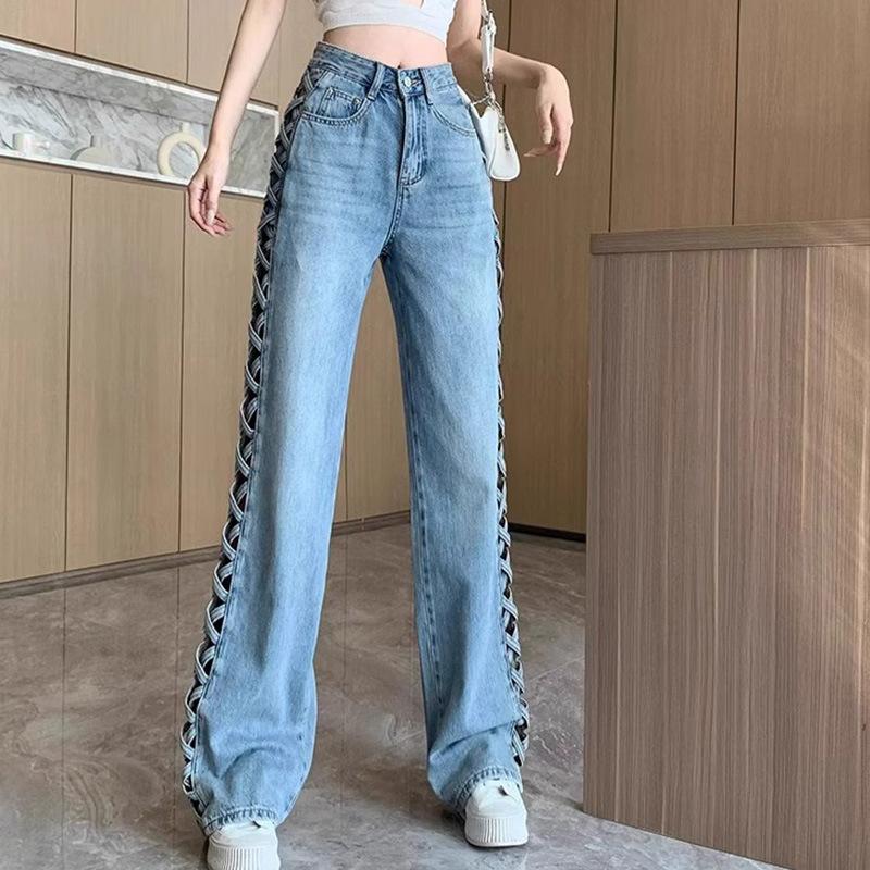 Jeans de Mamá Casual para Mujer Pantalones de Pierna Ancha con Huecos Cintura Alta Botón Cremallera Oficina Dama Sueltos Primavera Club Y2k Streetwear
