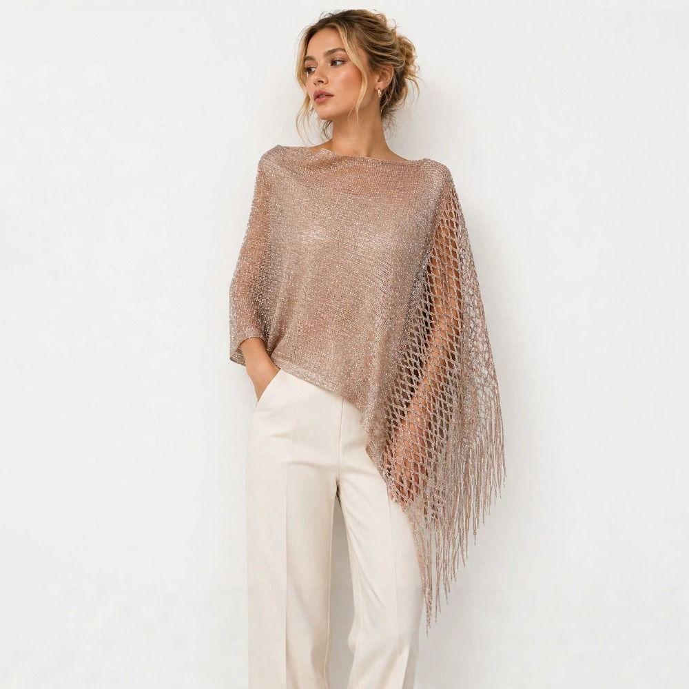 Tassel Sun Protection Shawl Solid Color Glitter Scarf Treandy Hollow Out Shawl Dinner Party