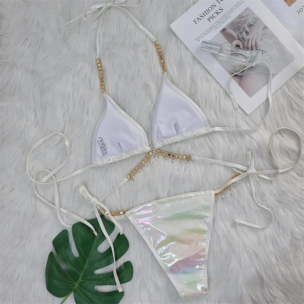Diamond Rhinestones PU Faux Leather Bikini Female Swimsuit Women Swimwear Two-pieces Bikini Set Bather Bathing Suit Swim