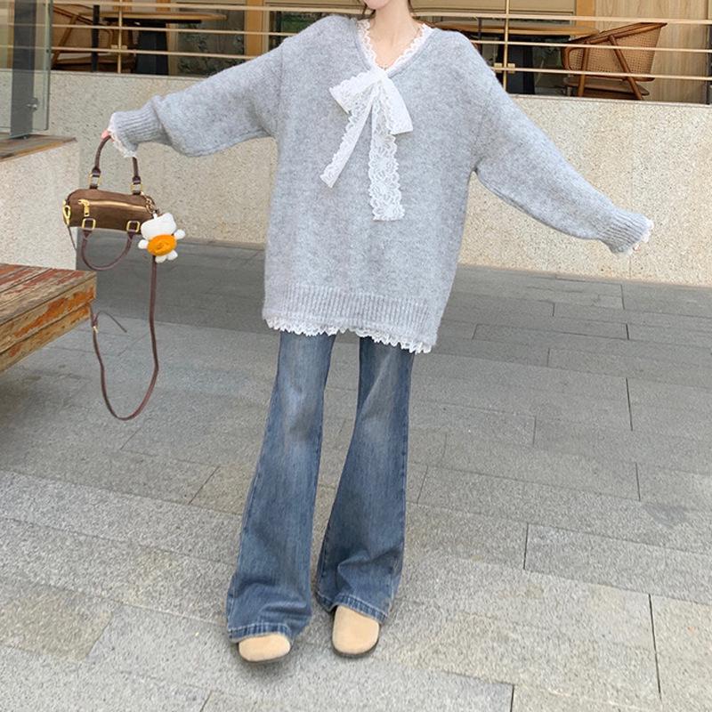 Women's Lace Splicing Long-Sleeve Loose Sweater - Cozy, Thick Knit Pullover for Autumn/Winter