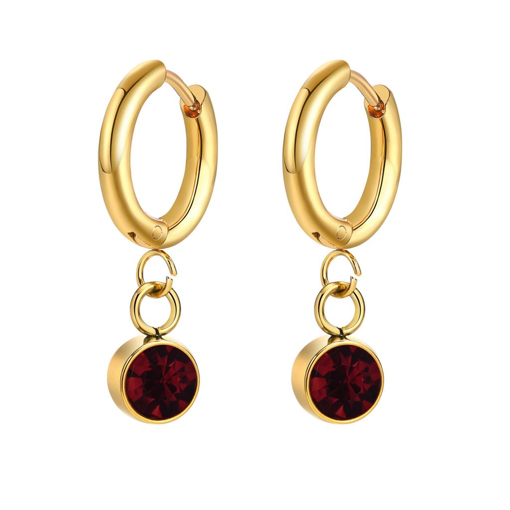 12 Colors Birthstone Huggie Earrings for Women, PVD Gold Color Tone Stainless Steel Brilliant AAA Cubic Zirconia Dangle Ear Clip