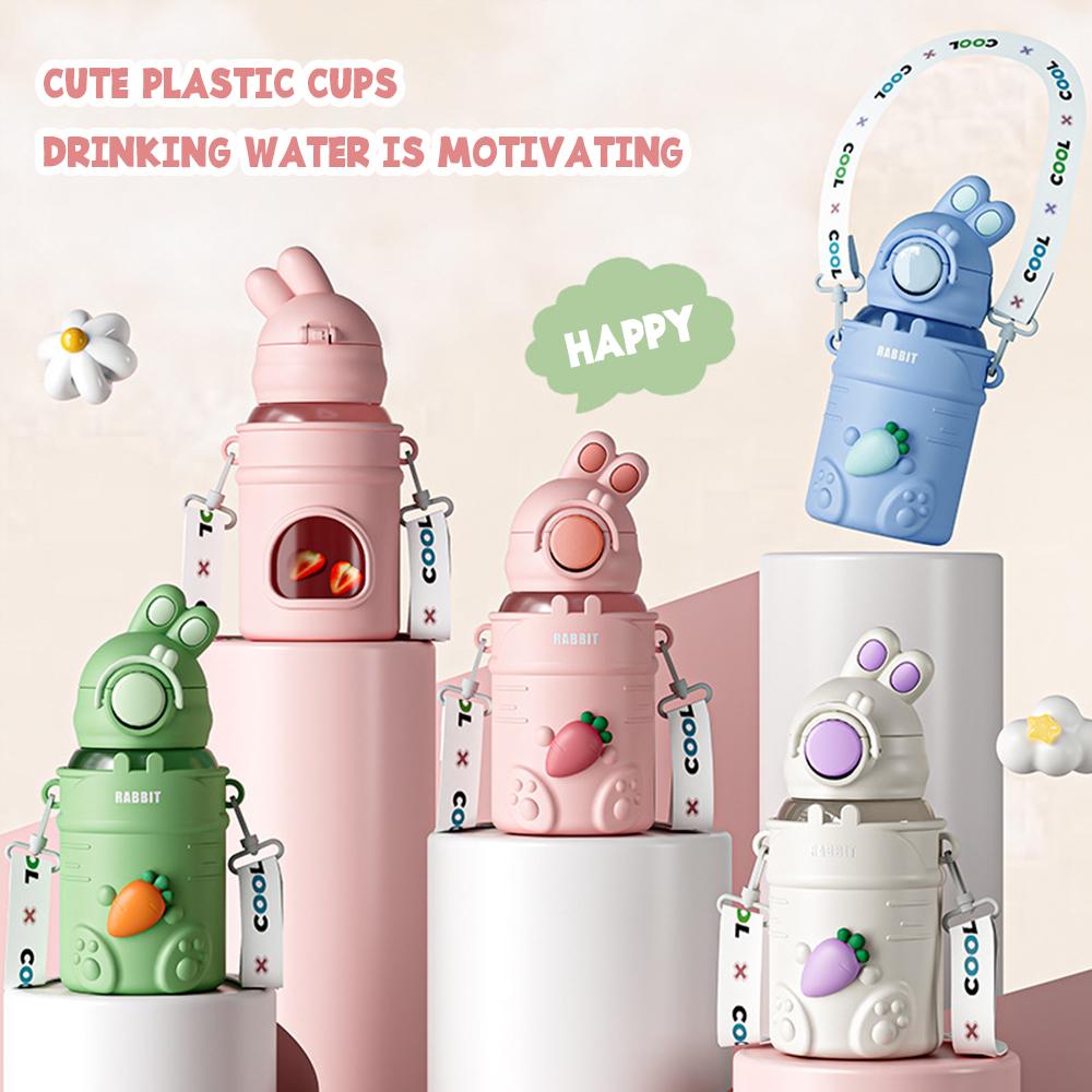 600ML Cartoon Bunny Kids Water Bottle With Straw Children Plastic Cup Lightweight Anti-falling Leakproof Drinking Bottle Drinkware
