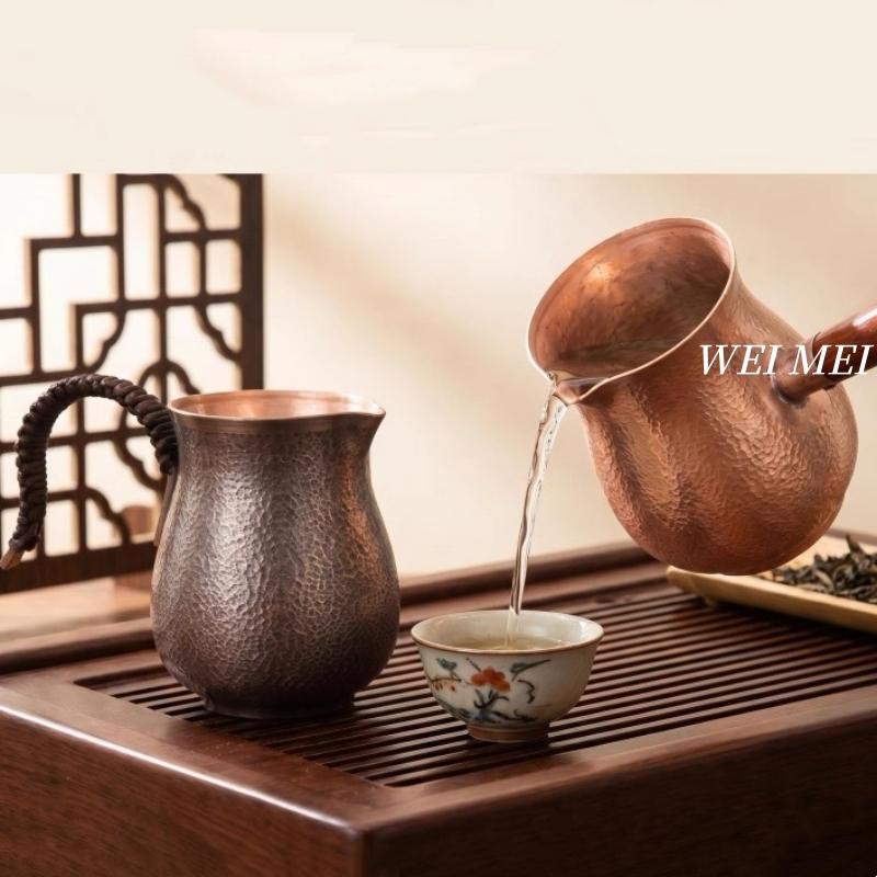Vintage Copper Coffee Pot,Home Side-Handle Tea Brewing Pot Cold Drink Cup,Camping Handcrafted Engraving Hammer Texture Tea Cup