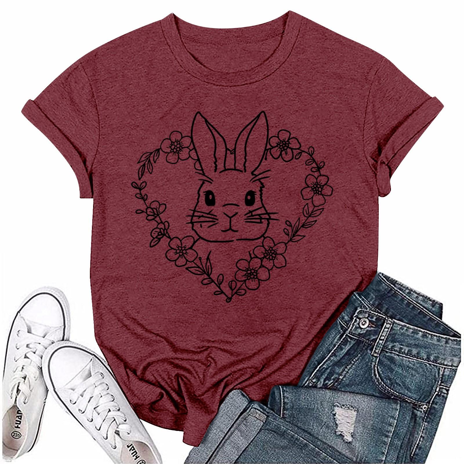 

Жіноча Мода Великодній Принт Повсякденна Плісирована Футболка Топ з Круглим Коротким Рукавом XL винний