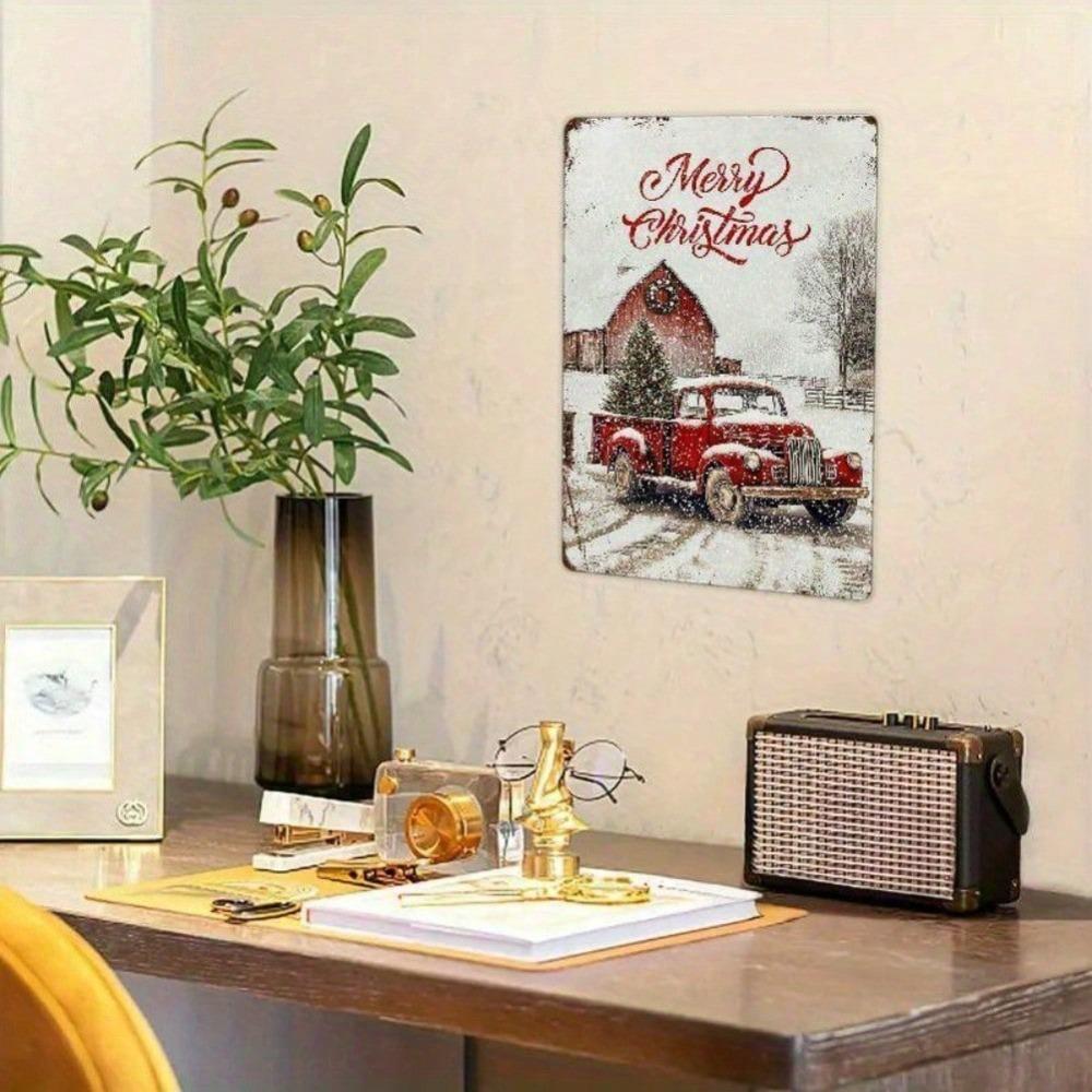 Vintage Merry Christmas Red Truck Metal Tin Sign 12x8 Inch, 2D Flat Rustic Snowy Wall Plaque for Home Yard