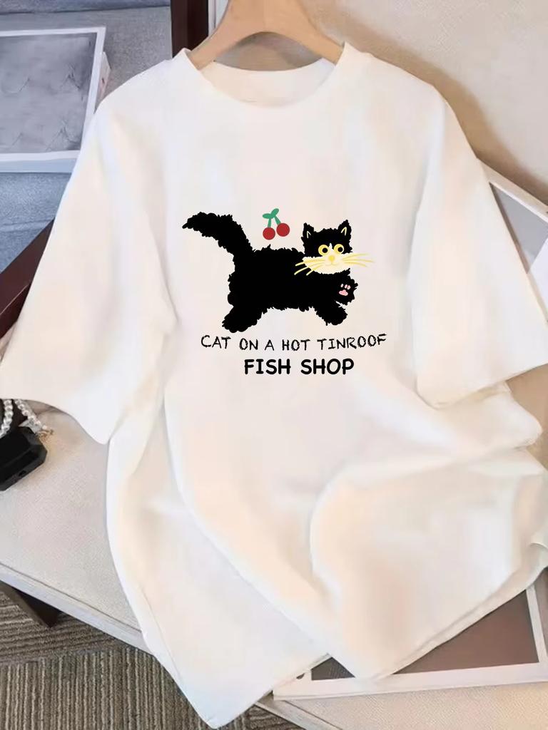 Trendy Cartoon Fish Korean Letter Print Casual Short Sleeve Top Crew Neck Inspirational Quote Tees Fashion Unisex Unisex Tshirt