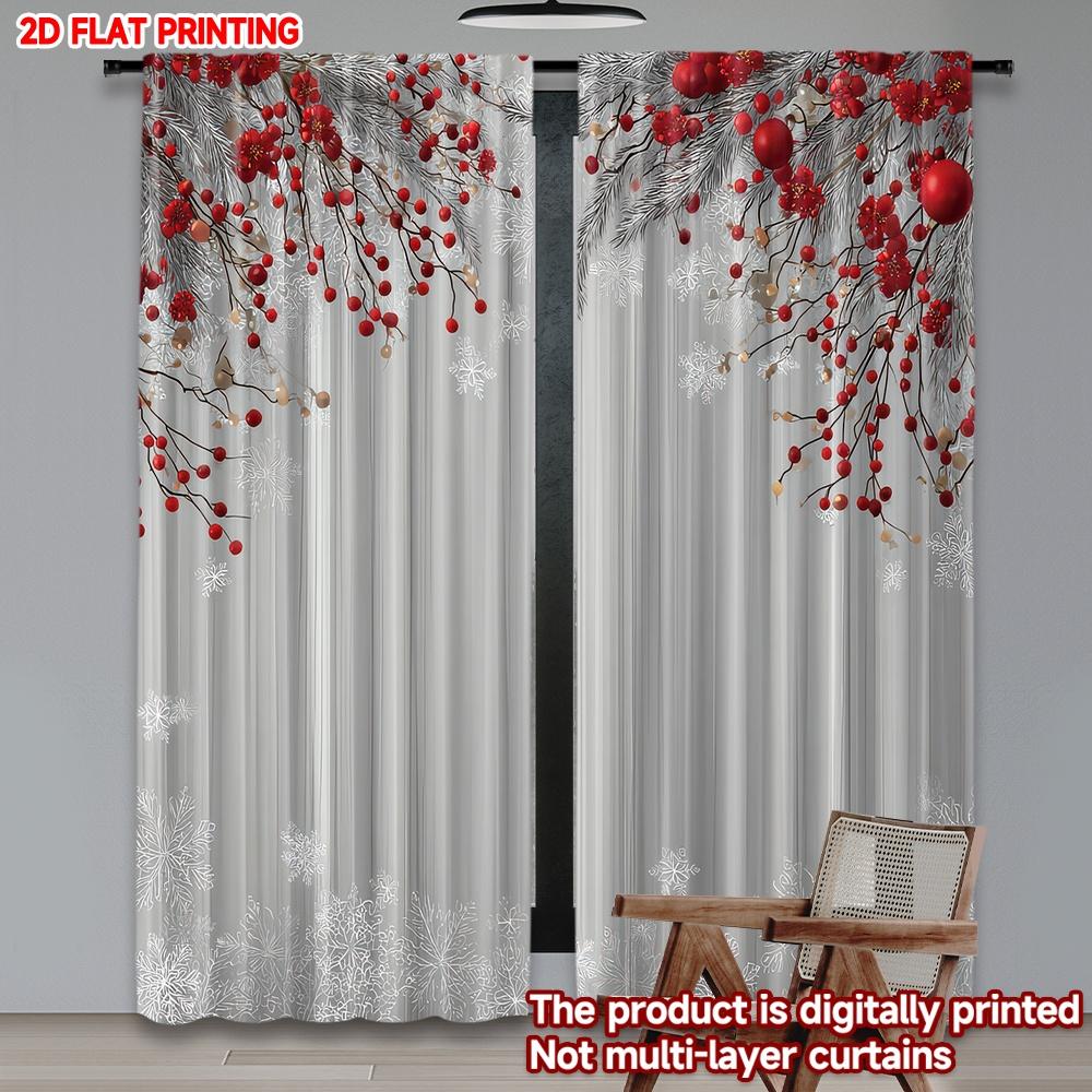 2D Flat Printing 2pcs Merry Christmas Trendy Curtains Christmas Red Berries Snowflakes Digital Printed Polyester Drapes Holiday