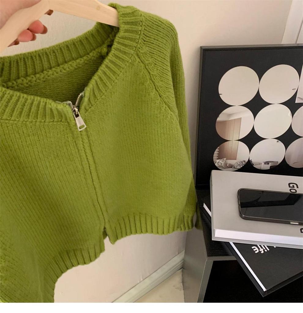 Avocado Green Double Zipper Knit Cardigan Sweater – Slimming, Versatile, Short Outerwear for Women