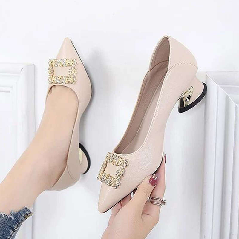 Fashion Rhinestone Buckle Shallow Single Shoes Women's Spring and Summer New Temperament Pointed Thick Heel Small Leather Shoes Shoes
