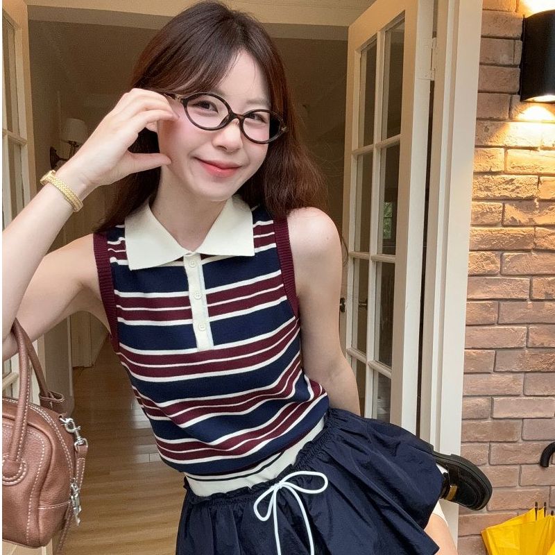 A New Retro Women's Summer Style with Contrasting Color Striped Button Sleeveless Knitted Vest