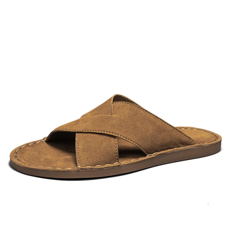 Men s Large-Size Leather Slip-On Outdoor Sandals - Casual Cross-Band Design 46