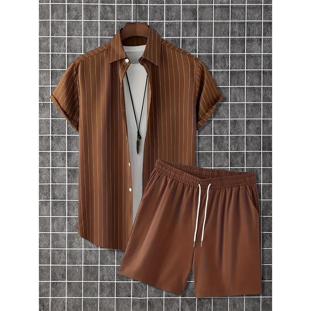 2024 Sommer Herren Freizeit Pendler Anzug Herren Gestreift Bedrucktes Hemd Kurzarm Shorts 2-teilig Herren Hawaiianischer Strandstil Kleidung