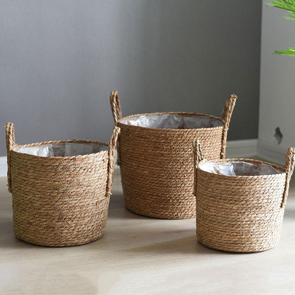 Woven Flower Pot Seagrass Plant Basket Garden Yard Greenhouse Flowerpot with Handle Potting Planting Hamper Household