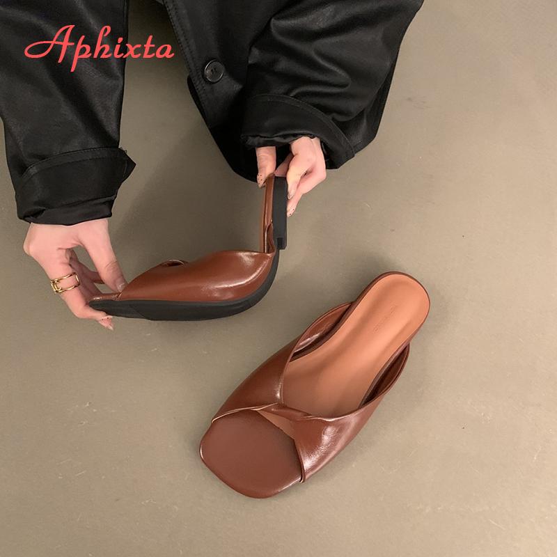 Fashion Aphixta Brown Concise Slides Wome Summer Beach Shoes Flat With Heel Slippers Shoes Woman Square Toe Mulers Outside Woman Shoes