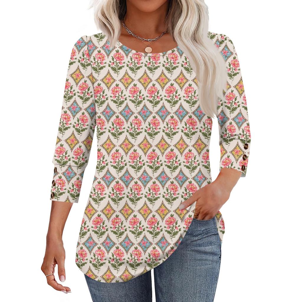 Womens Tops 3/4 Sleeve With Buttons Casual Blouses Summer Outfits Beach Vacation Clothes