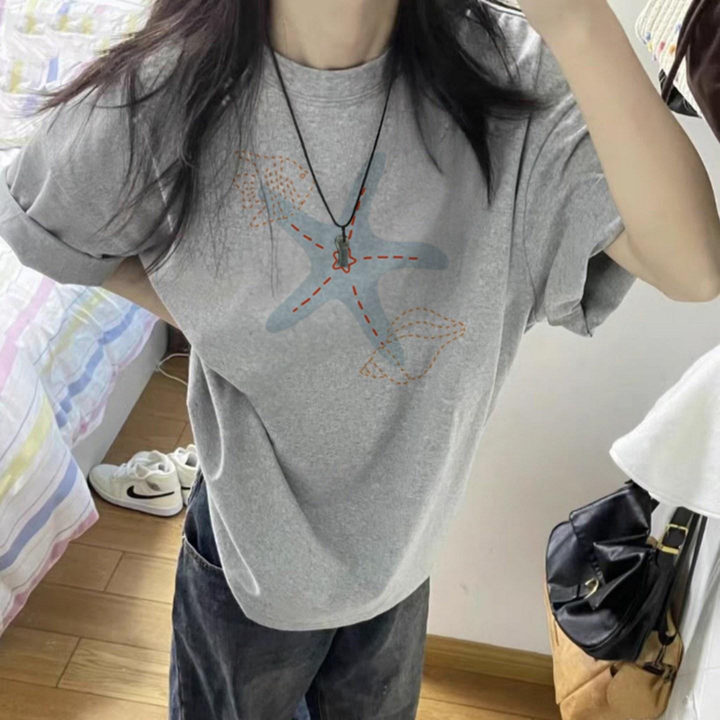 Women s Round Neck Short Sleeve Cotton T-Shirt Loose Fit Starfish Print Casual Summer Top M