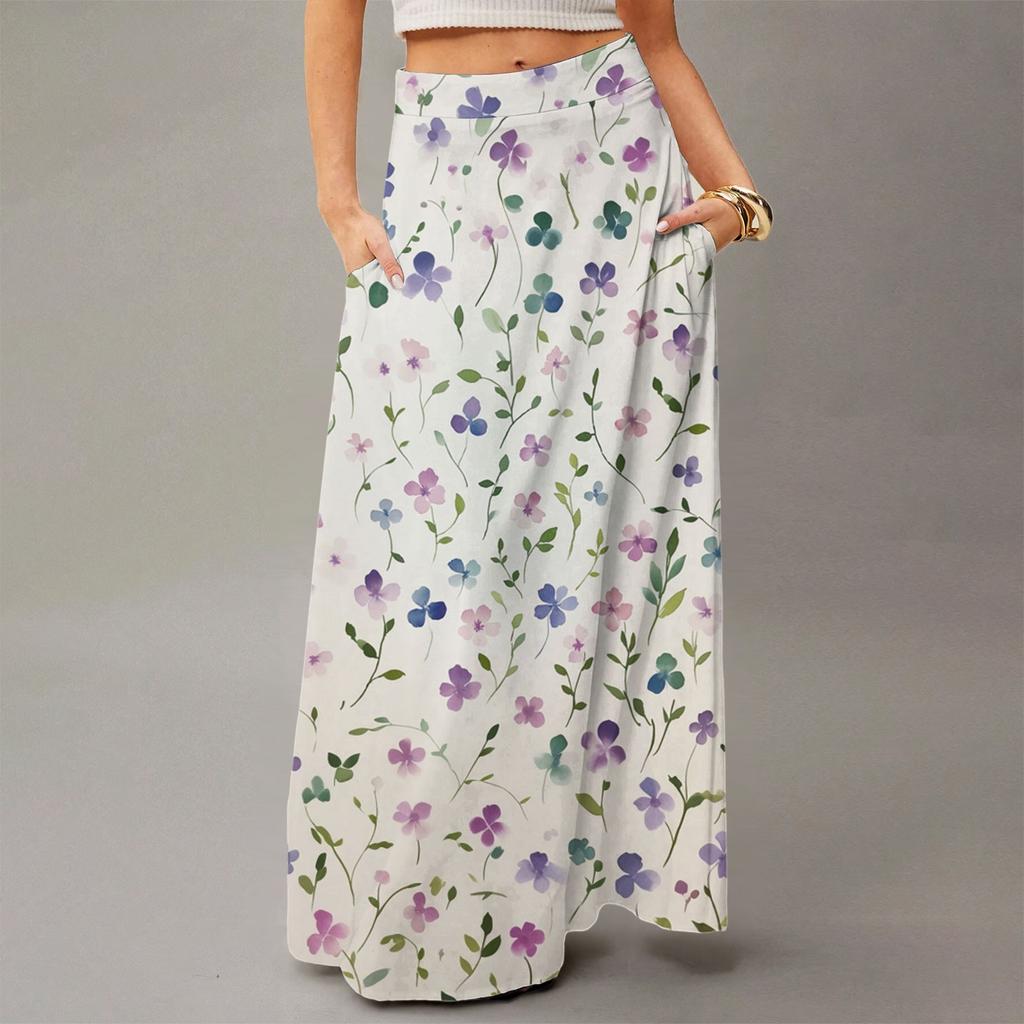 Damen Lässig Freizeit Faltbar Blumenmuster Hohe Taille Mit Tasche Drapierter Entspannter Langer Maxi-Rock