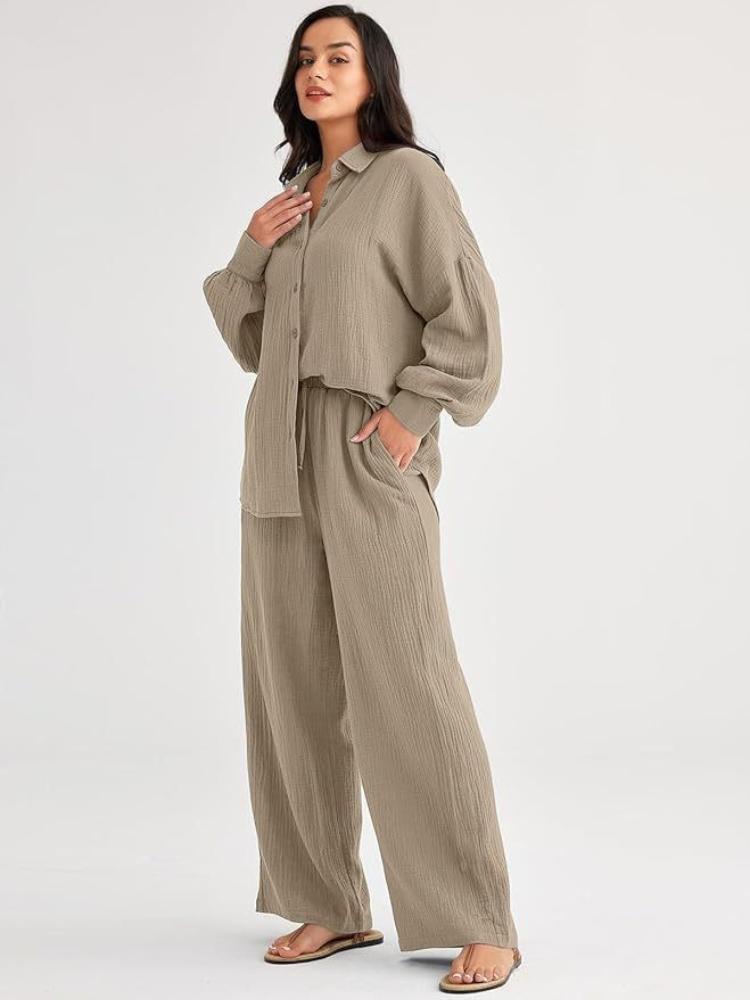 Women's Casual Loose Long Sleeve Shirt and Wide Leg Pants Set in Beige