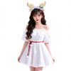 Kerst Rendier Gewei Witte Pluche Off-shoulder Jurk Set, Dames Vakantie Podiumkostuum (Jurk+Haarband+Halsversiering+Handschoenen+Riem)