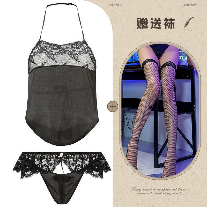 Sex Lingerie Sexy Retro Lace Seduction Belly Pocket Passion Pajamas Pure Desire Open Crotch Lace-up Uniform Suit