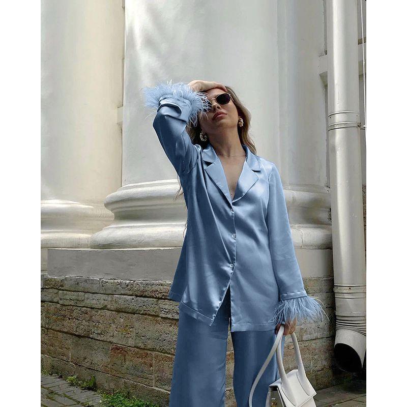 Fashion Wind Feather Long Sleeve Trousers Suit Loose Fashion Home Wear Feather Top Trouser Set