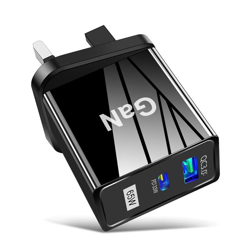 US/EU/UK Plug 65W GaN Fast Charger QC3.0 USB+Type-C PD For IOS Android Charge 5V/6.6A 9V/3A 12V/2.75A 20V/1.67A Quick Charging