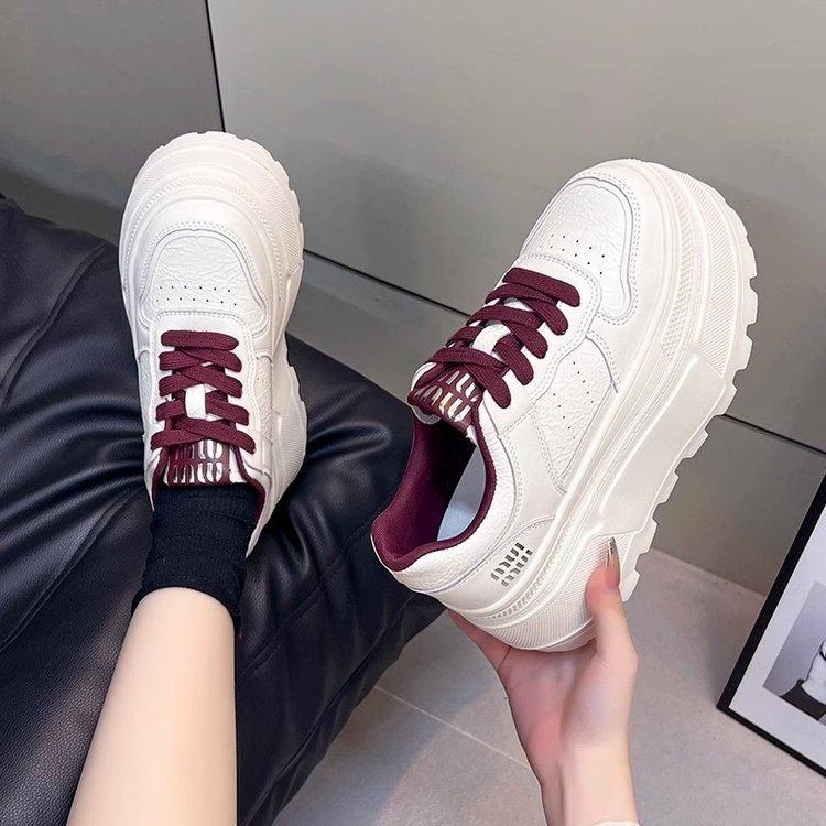 

Height-increasing platform shoes leather surface women s spring new versatile muffin shoes casual and comfortable board shoes 40 бордовый