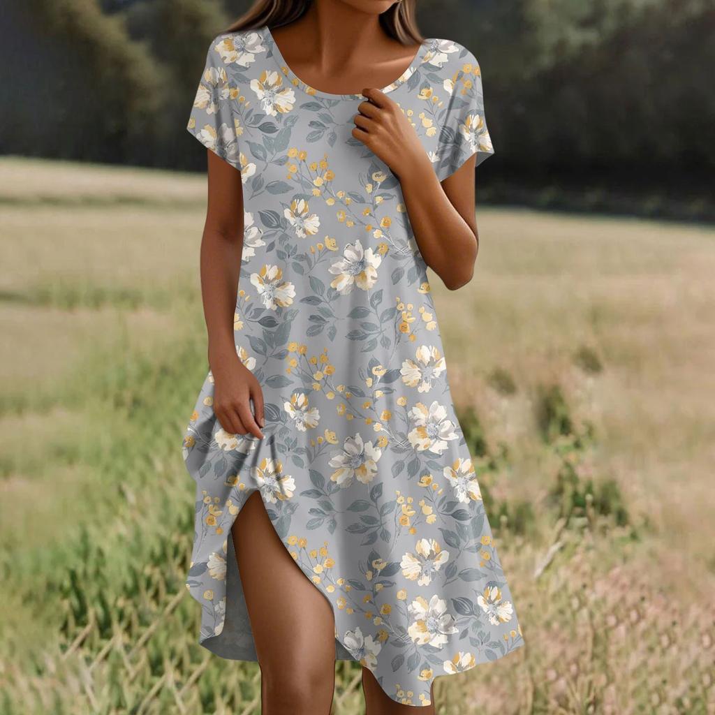 Short Sleeve Boho Dress For Women Casual Loose Fit Summer Sundress Floral Print Dress With Pockets