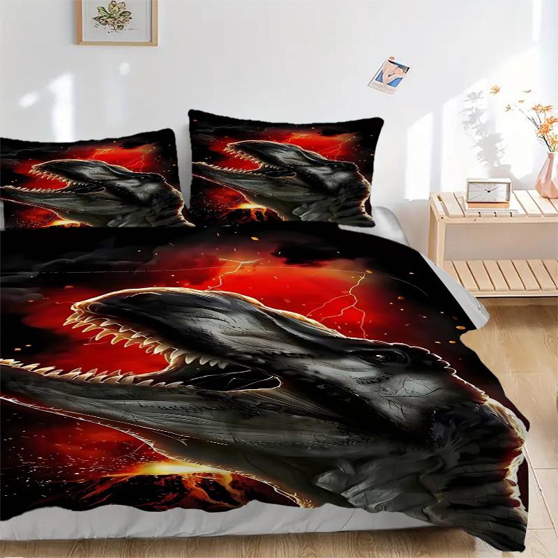 3pcs Tyrannosaurus Rex Dinosaur Bedding Set - Includes 1 Quilt Cover and 2 Pillowcases (No Core) - Anime Cartoon Design for Home Decor, Festival Gifts