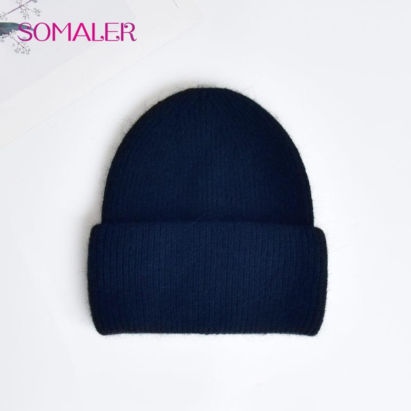 

SOMALER вязаные шапки с широкими манжетами для женщин, зимняя шапка из ангорской шерсти, мягкие теплые лыжные шапки высокого качества тёмно-синий