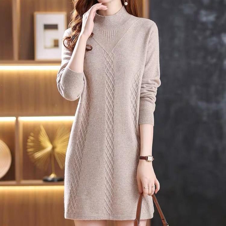 Mid-length Sweater for Women In Autumn and Winter Thickened Long-sleeved Pullover and A Solid-color Casual Knitted Sweater Dress